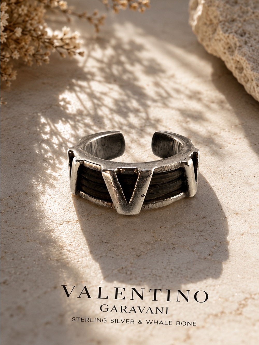 Valentino Garavani Vintage Sterling Silver & Whale Bone Open Cuff Ring